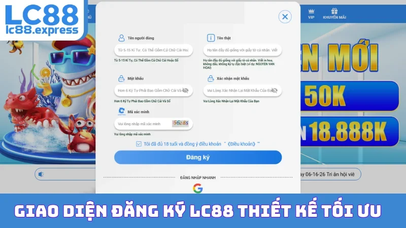 Giao diện đăng ký LC88 thiết kế tối ưu